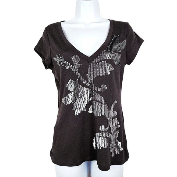 Express Tops - Express Tops Gray Silver Sequin Short Sleeve V-Neck Top Size Small